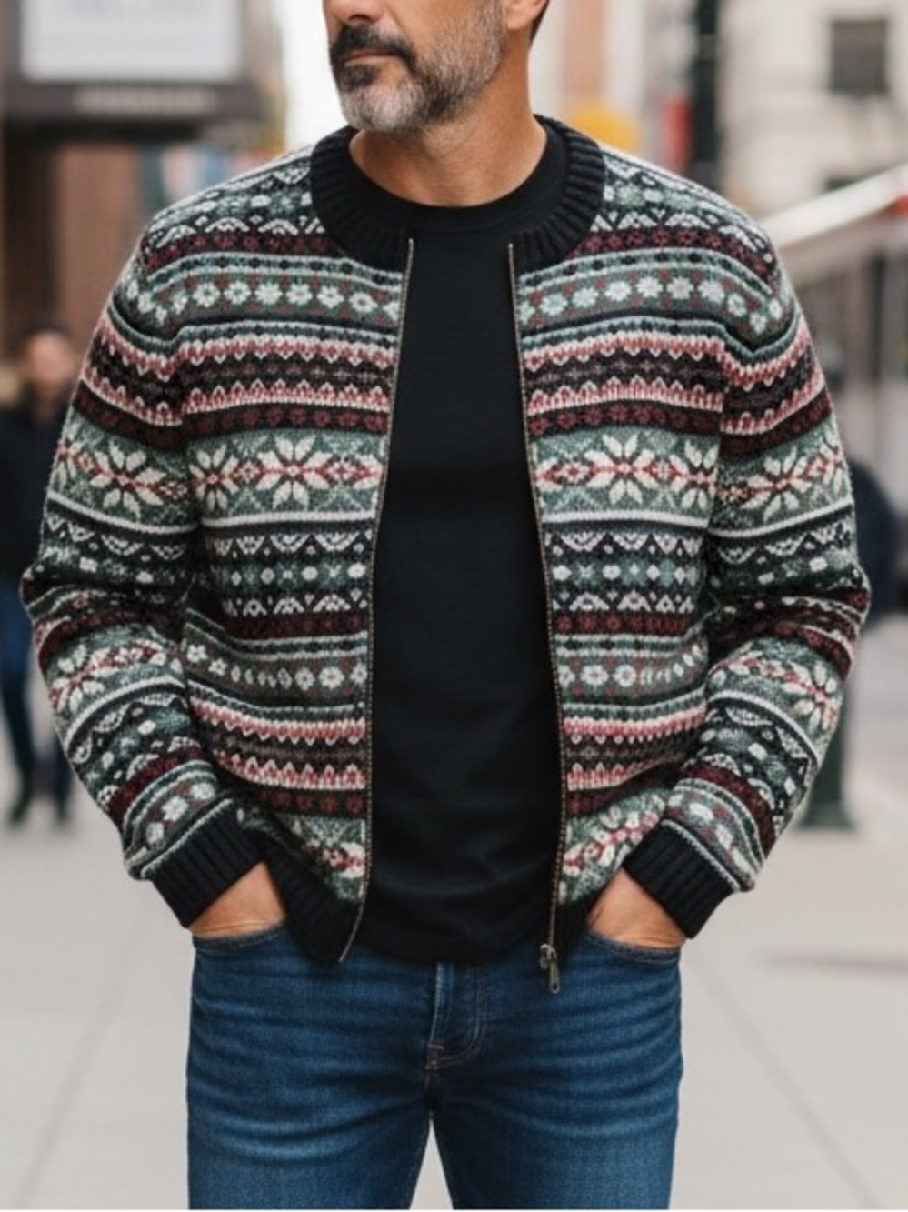 Newton Trading Co Men’s Fair Isle Zip Sweater 100% Wool Size M